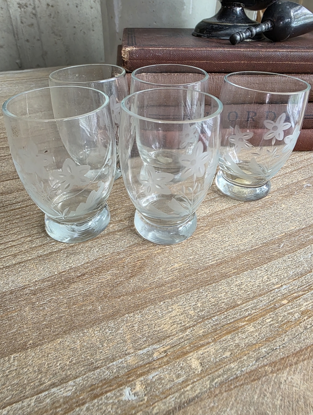 Vintage Etched Floral Shot Glasses Set of 5 Footed Glassware Made in Romania